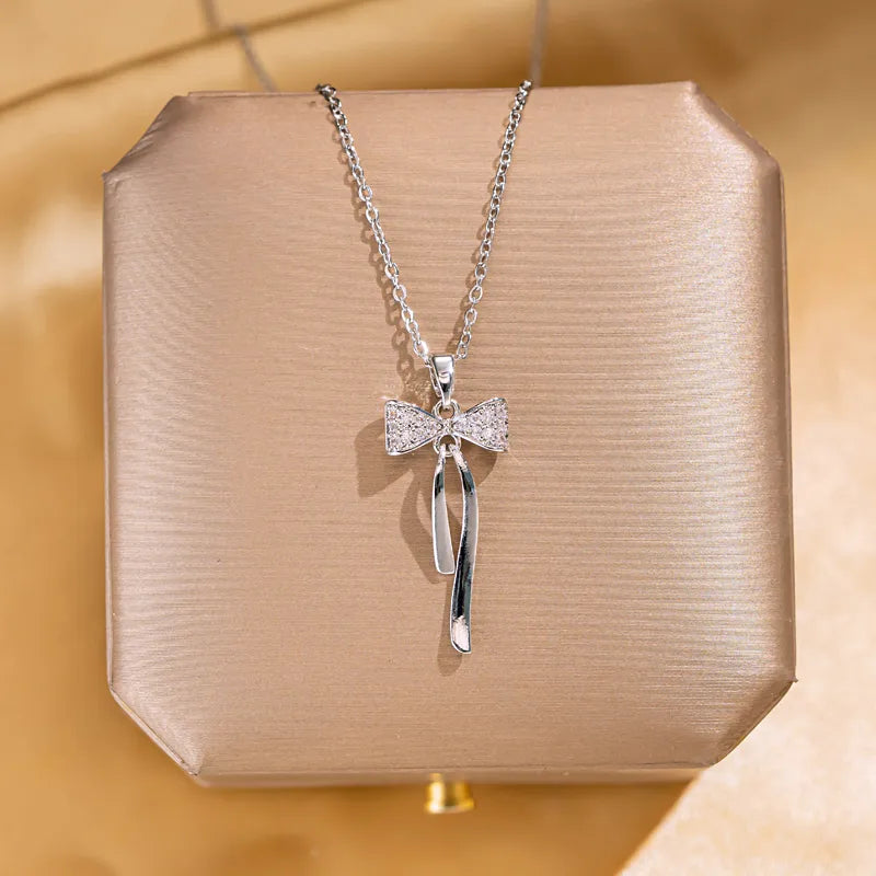 Silver Crystal Bow Necklace